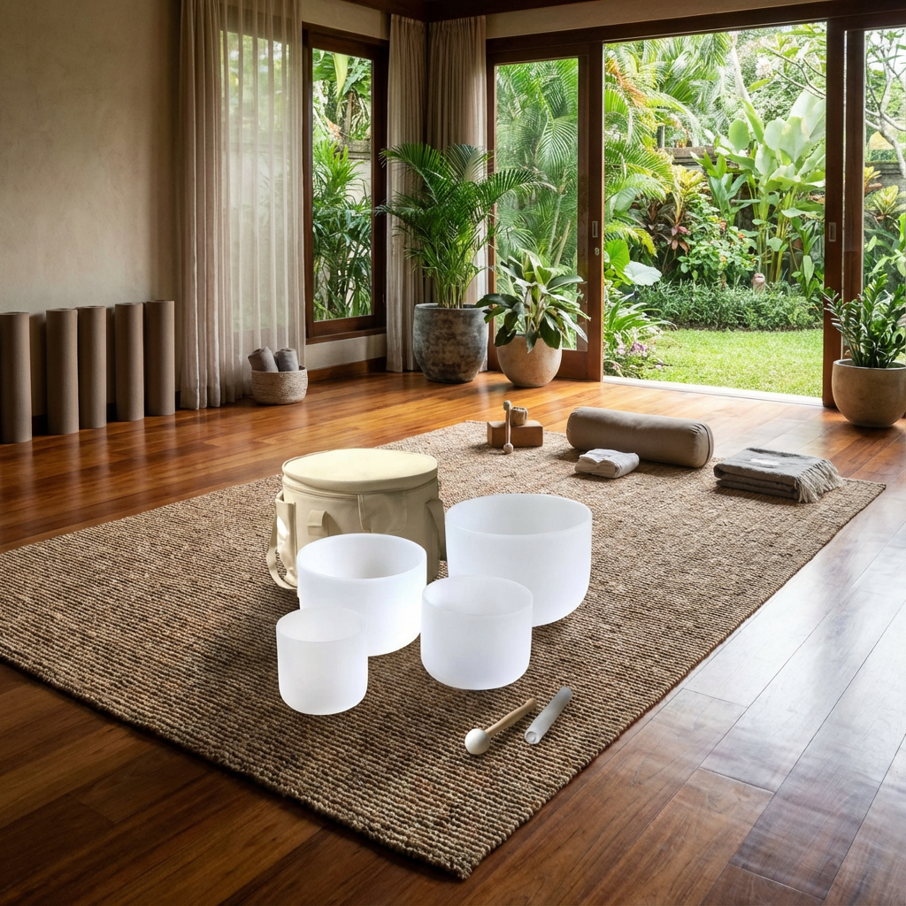 Set of 4 White Crystal Singing Bowls in Beige Bag - 6, 8, 10, 12 inch