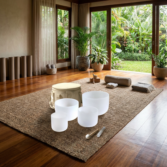 Set of 4 White Crystal Singing Bowls in Beige Bag - 6, 8, 10, 12 inch