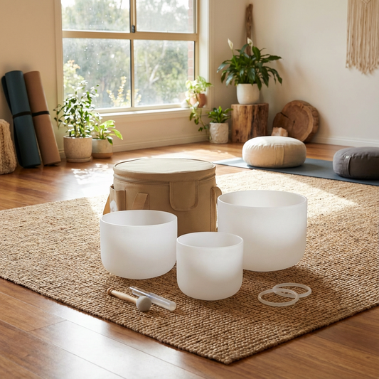 Set of 3 White Crystal Singing Bowls in Beige Bag - 7, 9, 11 inch